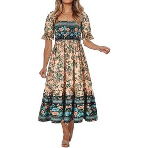 Women's Summer Bohemian Square Neck Floral summer dress #28